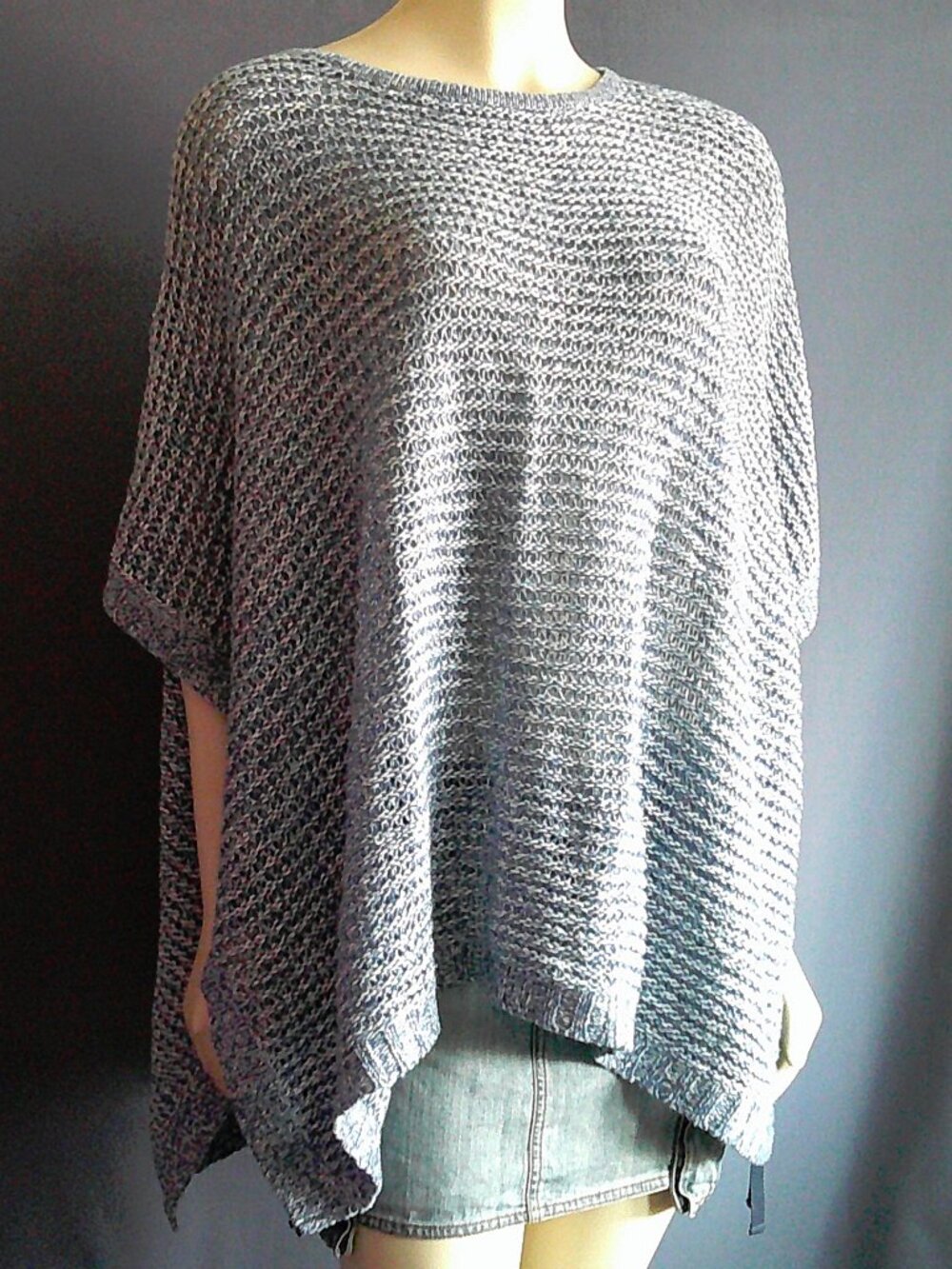 Neiman Marcus Cashmere Collection Blue White Open Knit Caftan Sweater L / XL